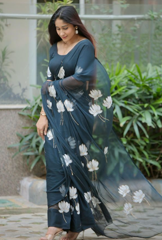 Black - Handpainted Chiffon Saree