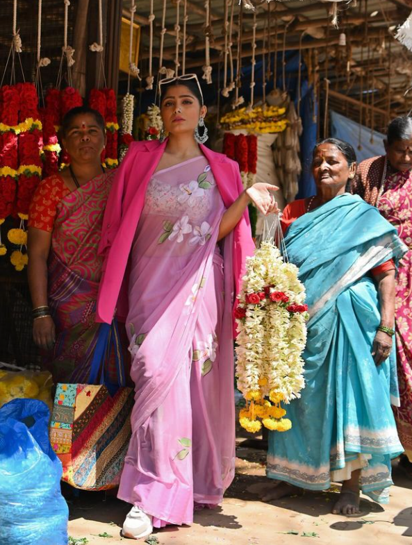 Lilac Pink - Handpainted Chiffon Saree