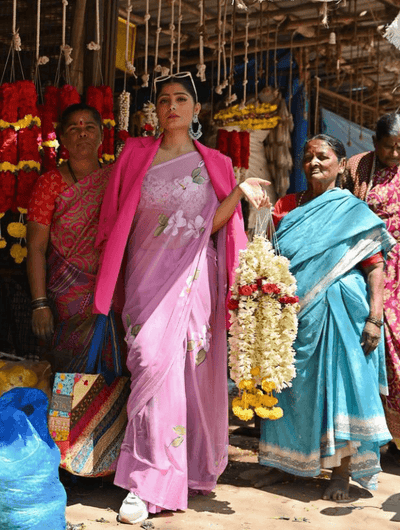 Lilac Pink - Handpainted Chiffon Saree - Vasaka Jaipur