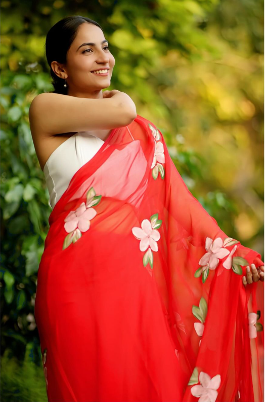 Red - Handpainted Chiffon Saree