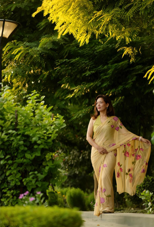 Beige - Handpainted Chiffon Saree