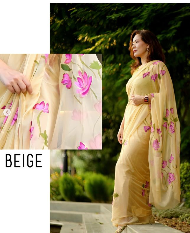 Beige - Handpainted Chiffon Saree