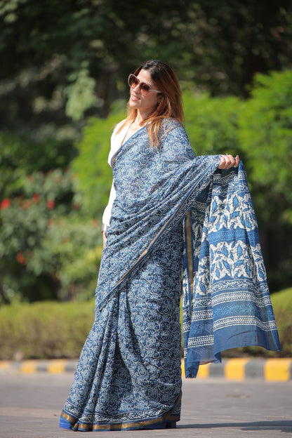 Indigo - Floral Net Print Mul Cotton Saree