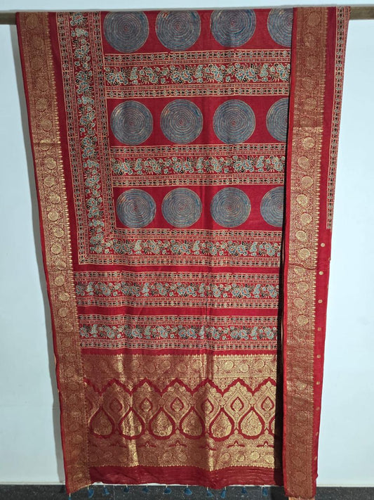 Red - Ajrakh Handblock Dola Silk Saree