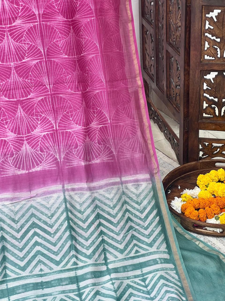 Pink - Nui Shibori Tie-Dye Chanderi Cotsilk Saree