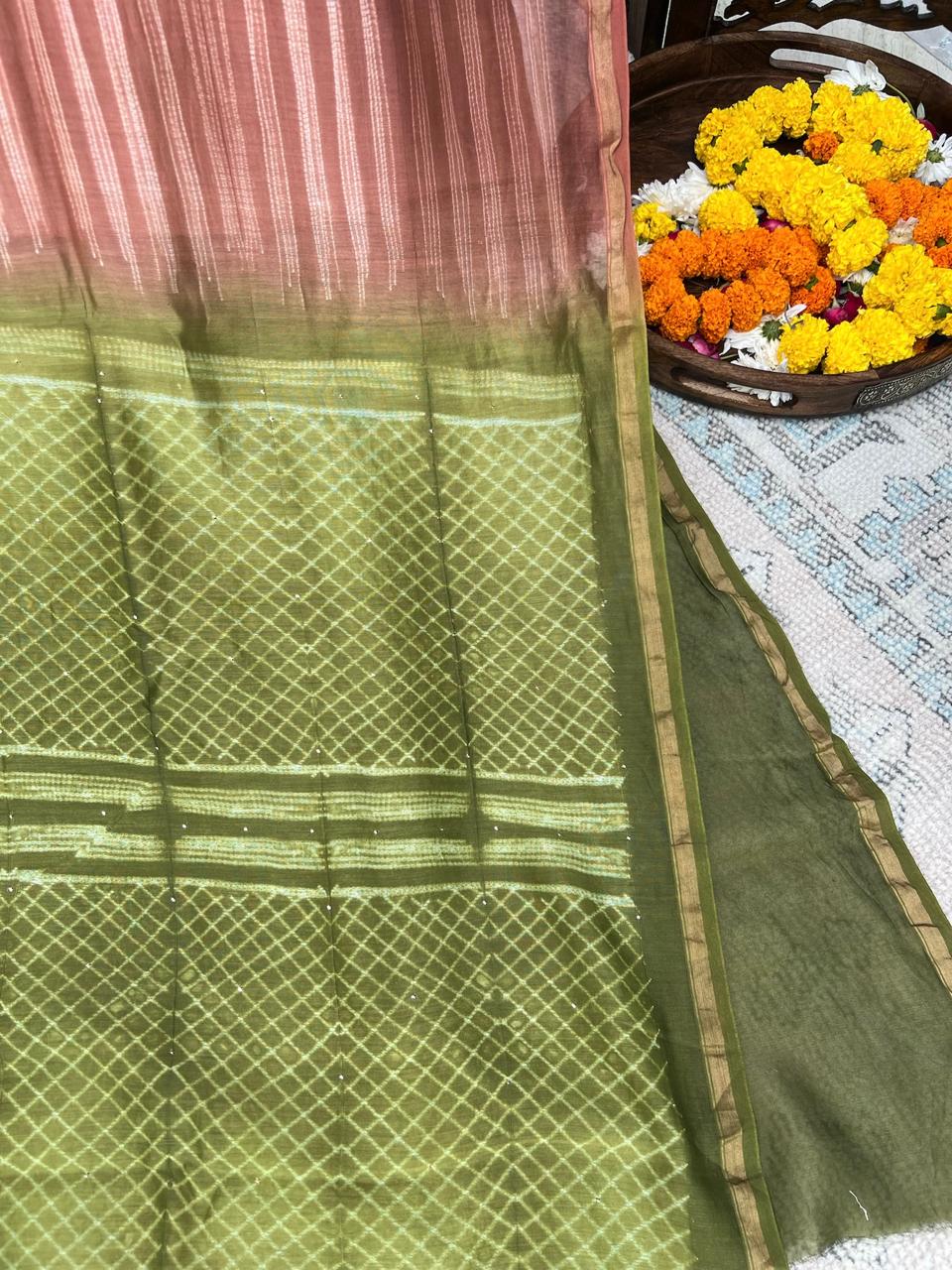 Chocolate Brown - Nui Shibori Tie-Dye Chanderi Cotsilk Saree with Mukaish Work on Pallu