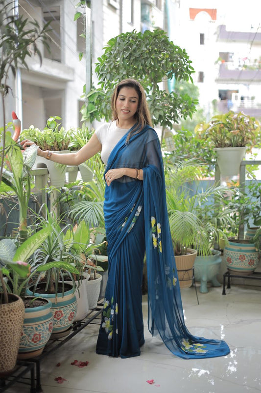 Navy Blue - Handpainted Chiffon Saree