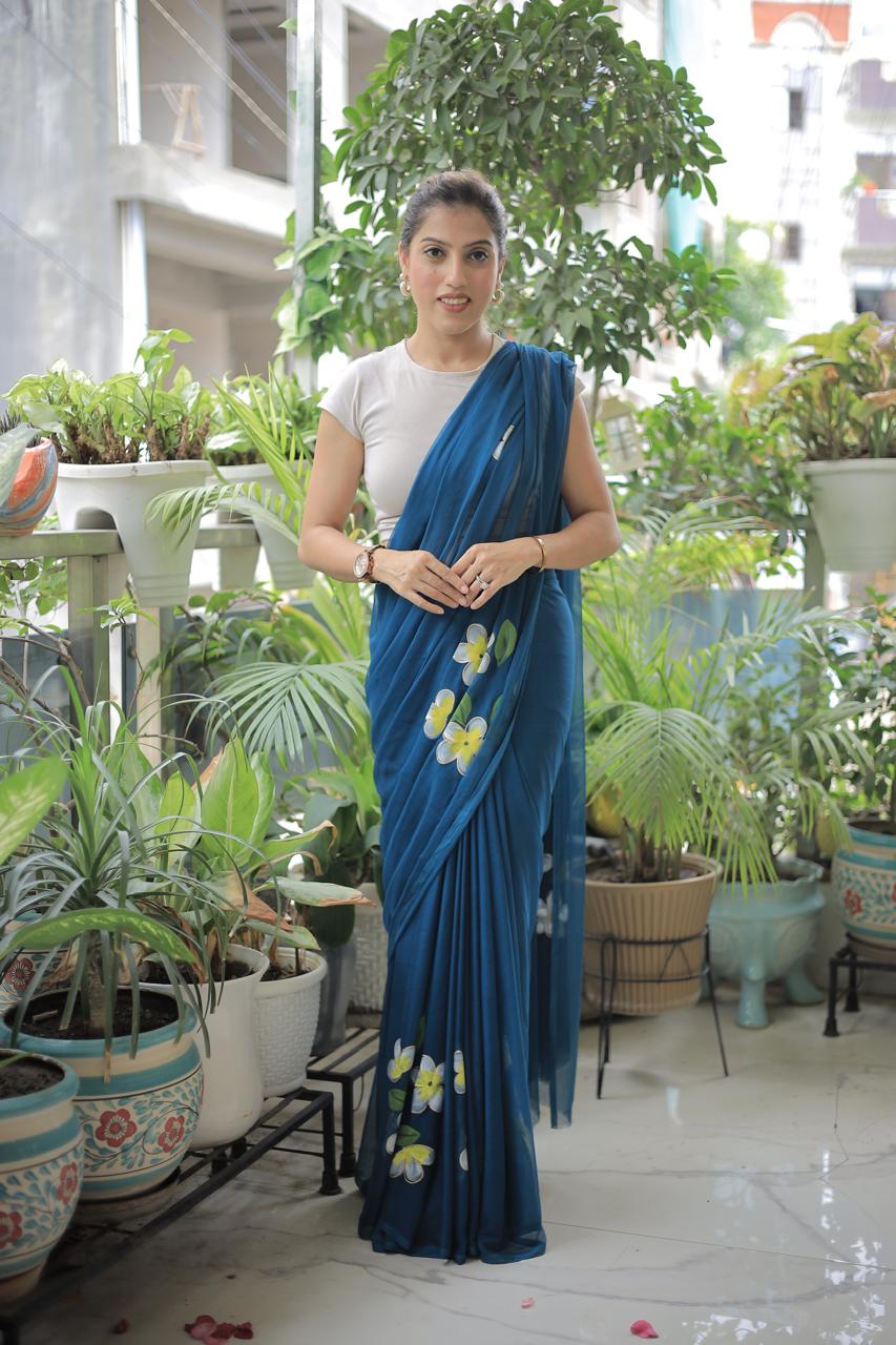 Navy Blue - Handpainted Chiffon Saree