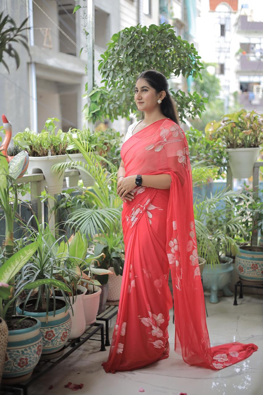 Pink - Handpainted Chiffon Saree