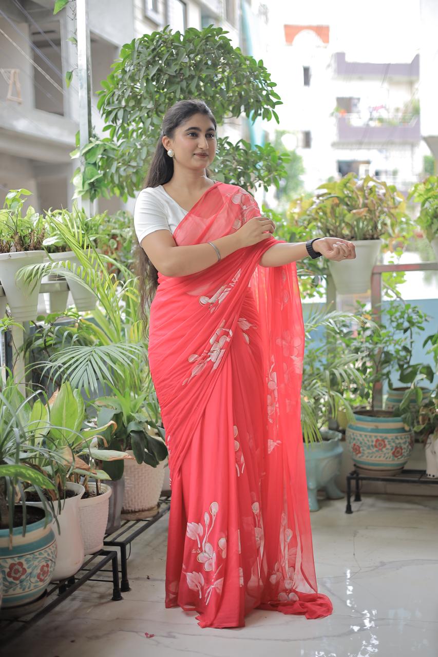 Pink - Handpainted Chiffon Saree