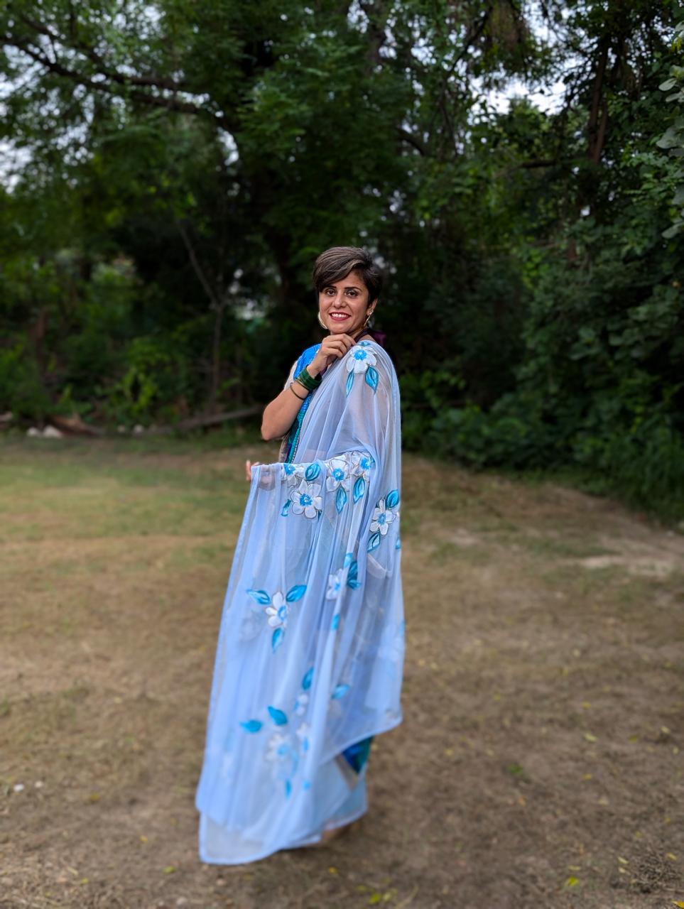 Powder Blue - Handpainted Chiffon Saree