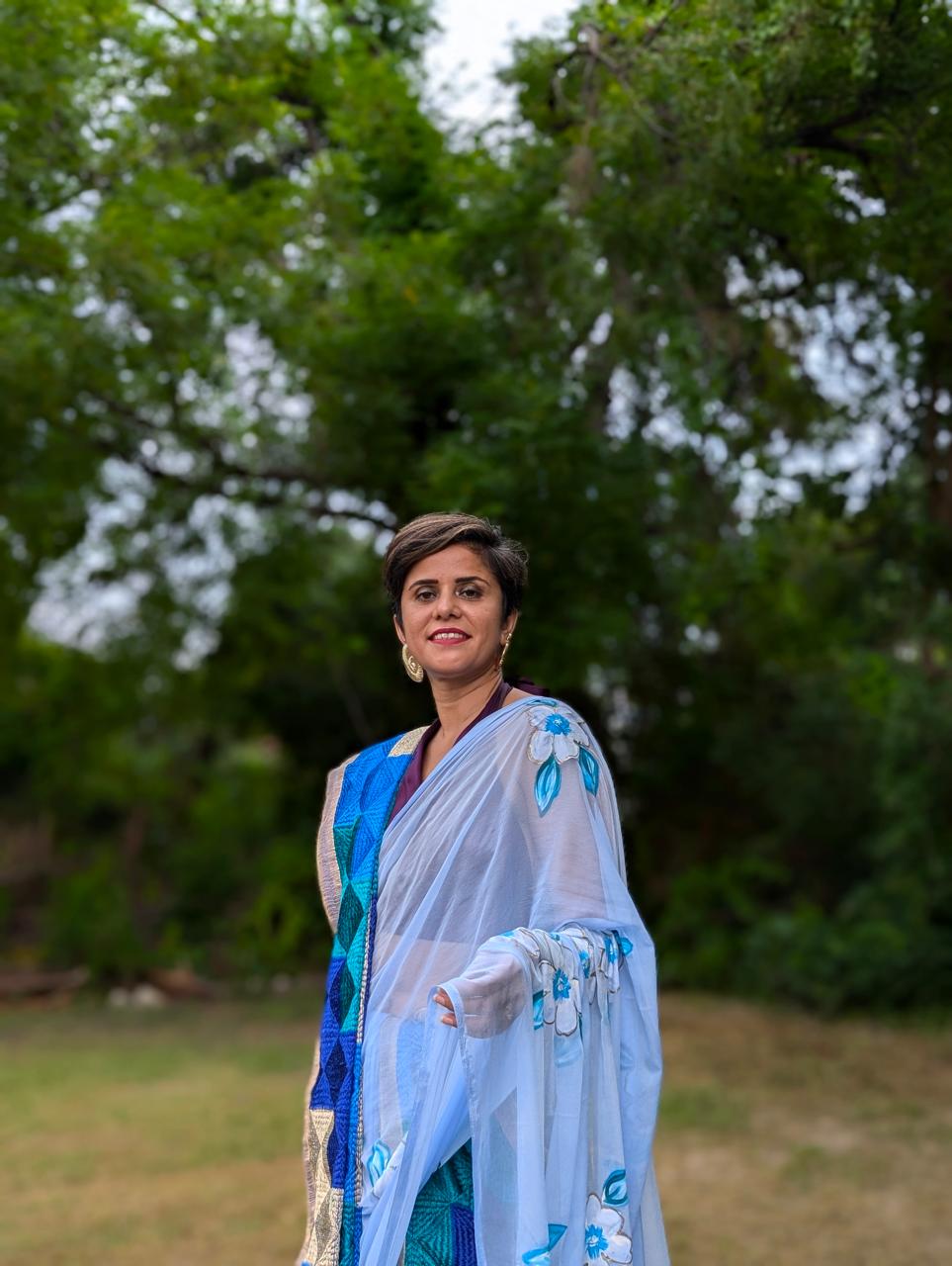 Powder Blue - Handpainted Chiffon Saree