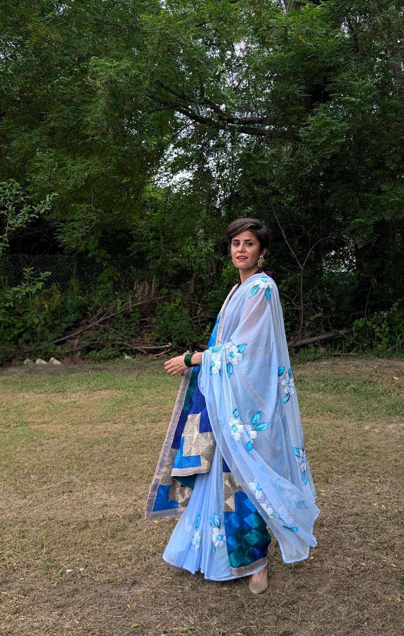 Powder Blue - Handpainted Chiffon Saree