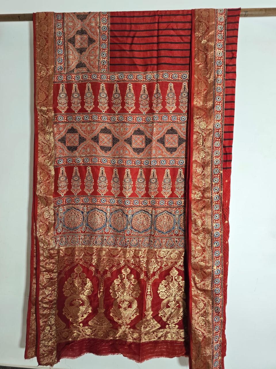 Red - Ajrakh Handblock Dola Silk Saree