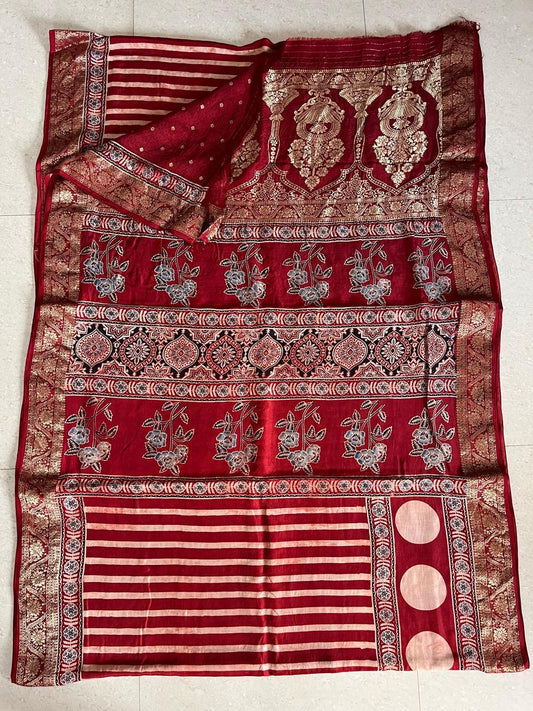 Red - Ajrakh Handblock Dola Silk Saree