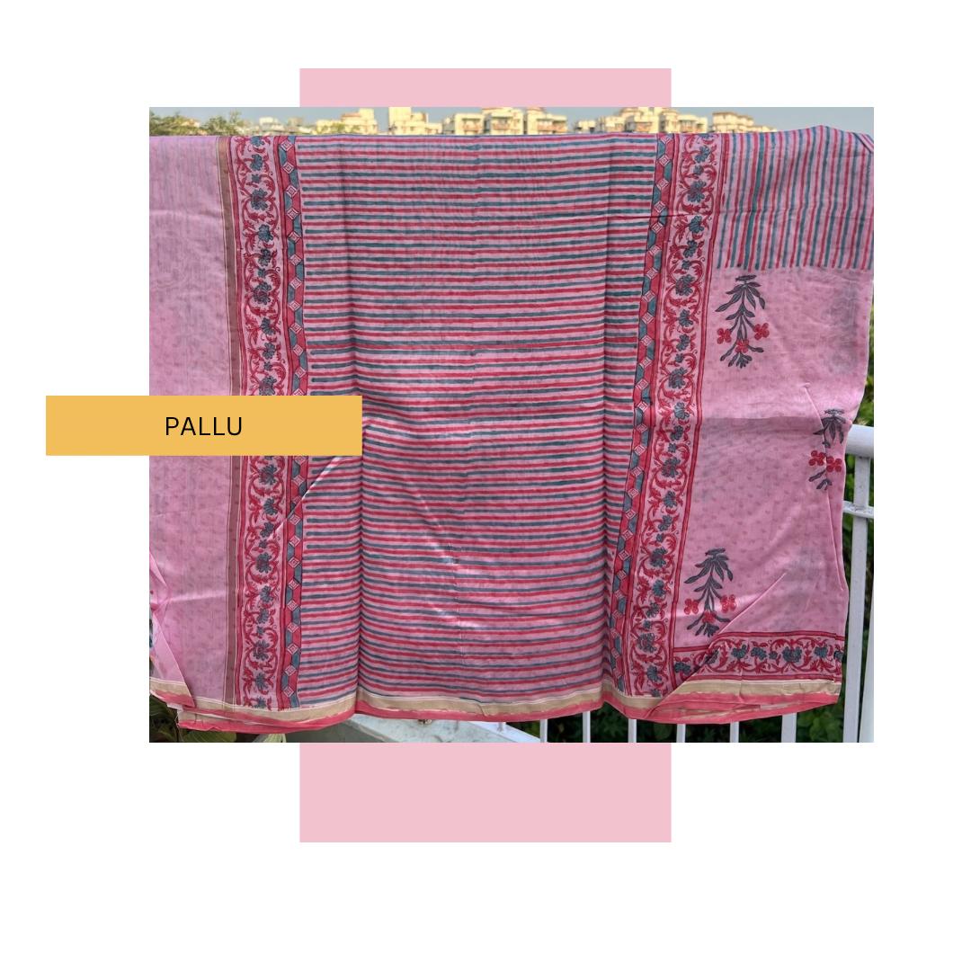 Pastel Pink Sanganer Handblock Cotton Silk Saree