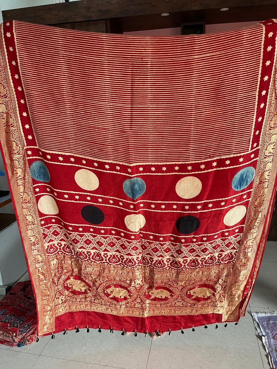 Red - Ajrakh Handblock Dola Silk Saree