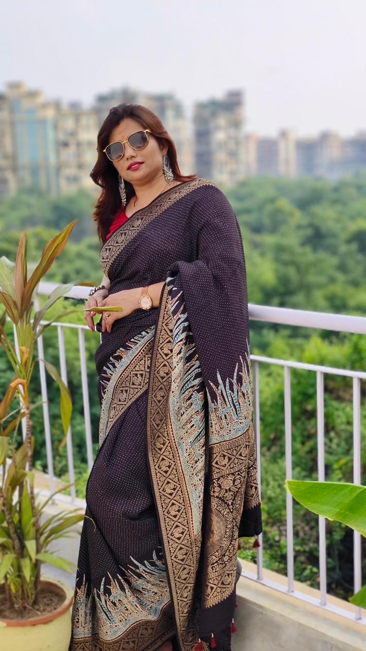 Black - Ajrakh Handblock Dola Silk Saree