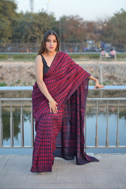 bhavika-earthy-dabu-wine-brown-cotton-saree-vasaka-jaipur