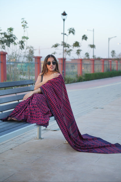 rajasthani-mud-resist-hand-block-print-wine-brown-saree