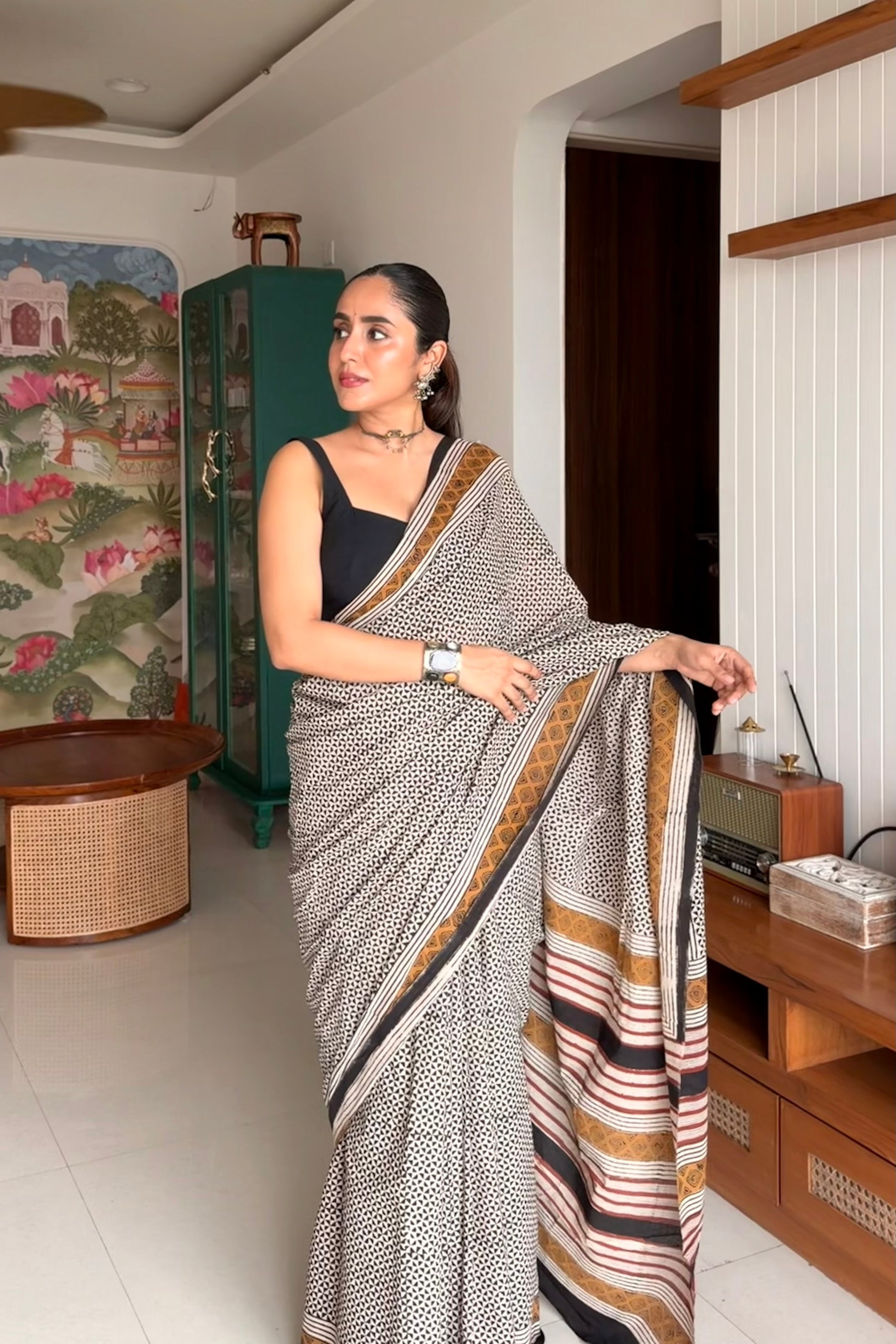 Authentic Bagru hand block printed pure cotton saree in classic monochrome checks aesthetic