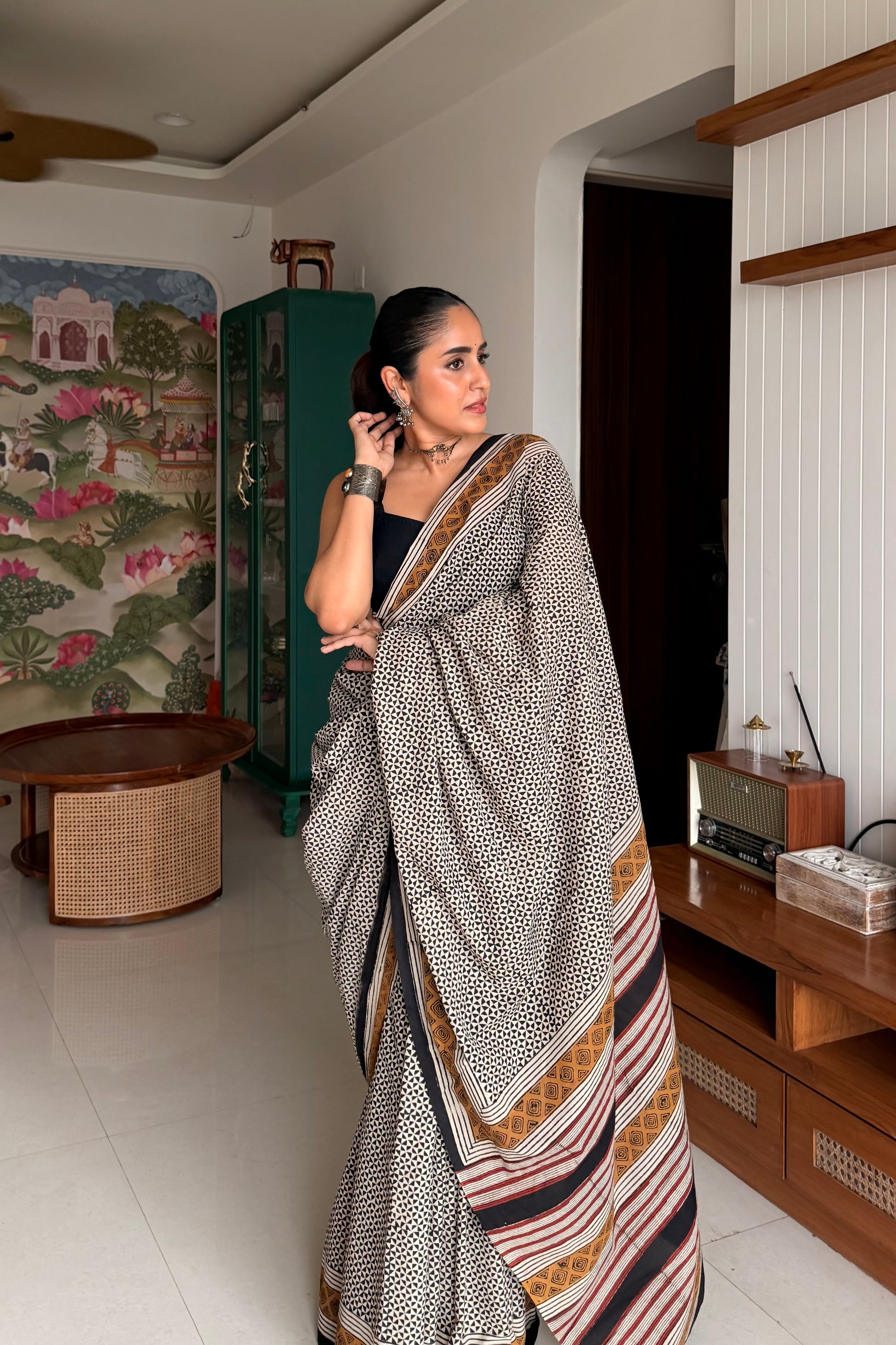 Jaipur cotton black and off-white checked saree handcrafted by national award winning artisans