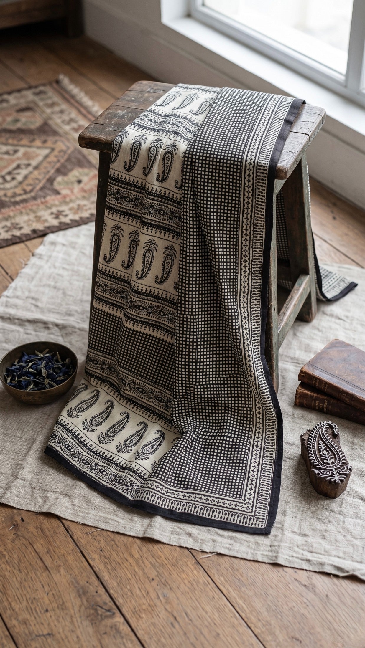 Authentic Bagru hand block printed pure cotton saree in classic monochrome checks aesthetic
