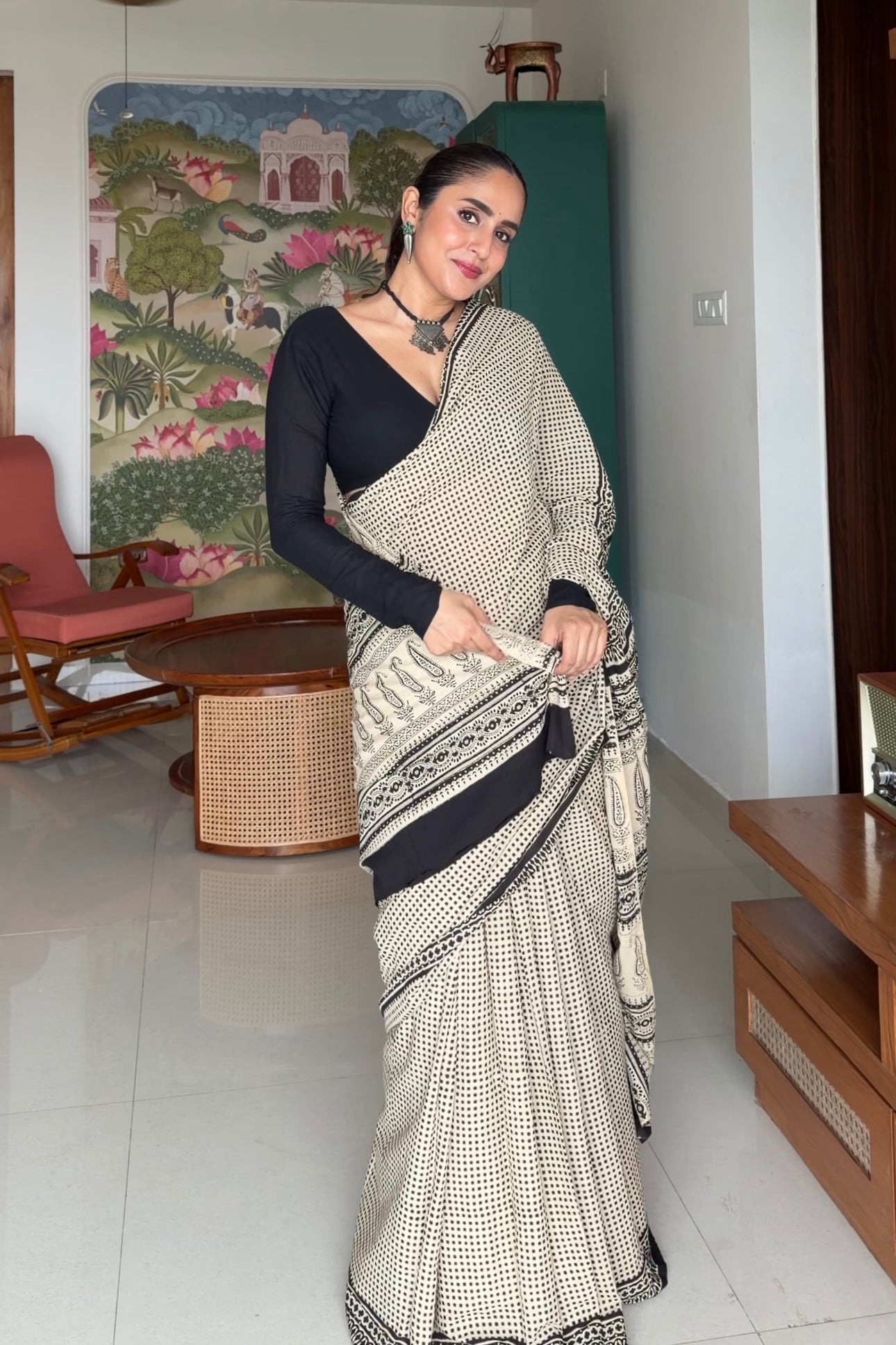 Authentic Bagru hand block printed pure cotton saree in classic monochrome checks aesthetic