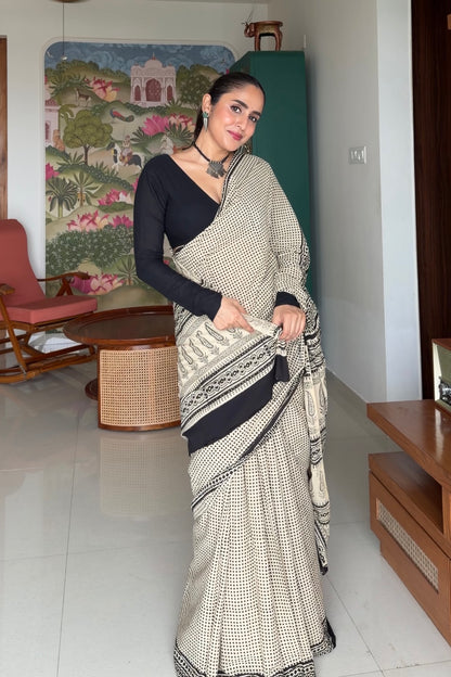 Authentic Bagru hand block printed pure cotton saree in classic monochrome checks aesthetic