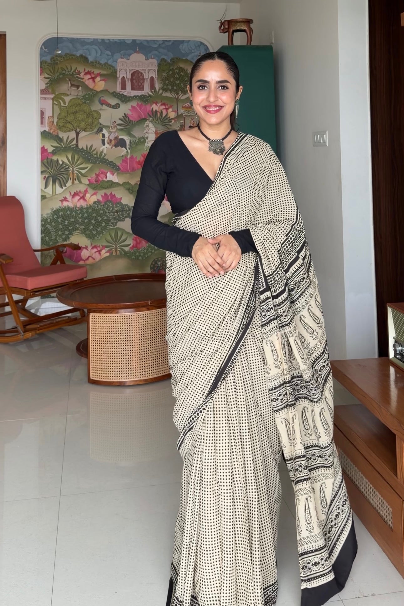 Minimalist modern Indian ethnic outfit styling with traditional Jaipur hand block print saree