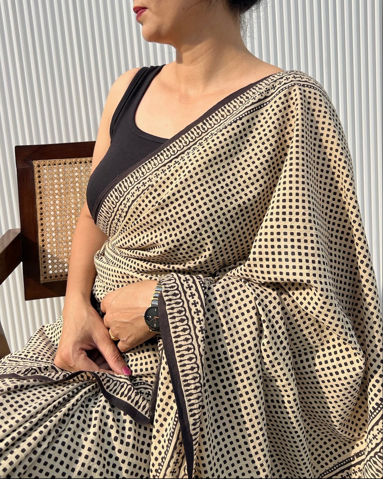 Styling inspiration for traditional Bagru cotton saree showing contrast printed pallu layout