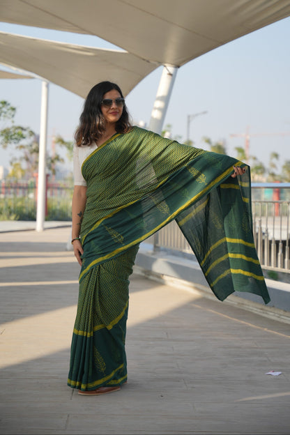 elegant-green-dabu-print-workwear-cotton-saree-drape-styling