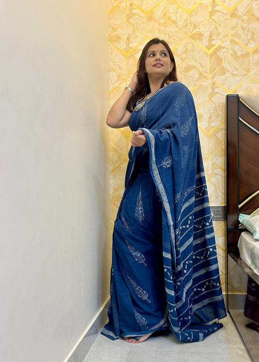 Nainika authentic natural indigo dyed dabu mud-resist block print cotton saree from Vasaka Jaipur