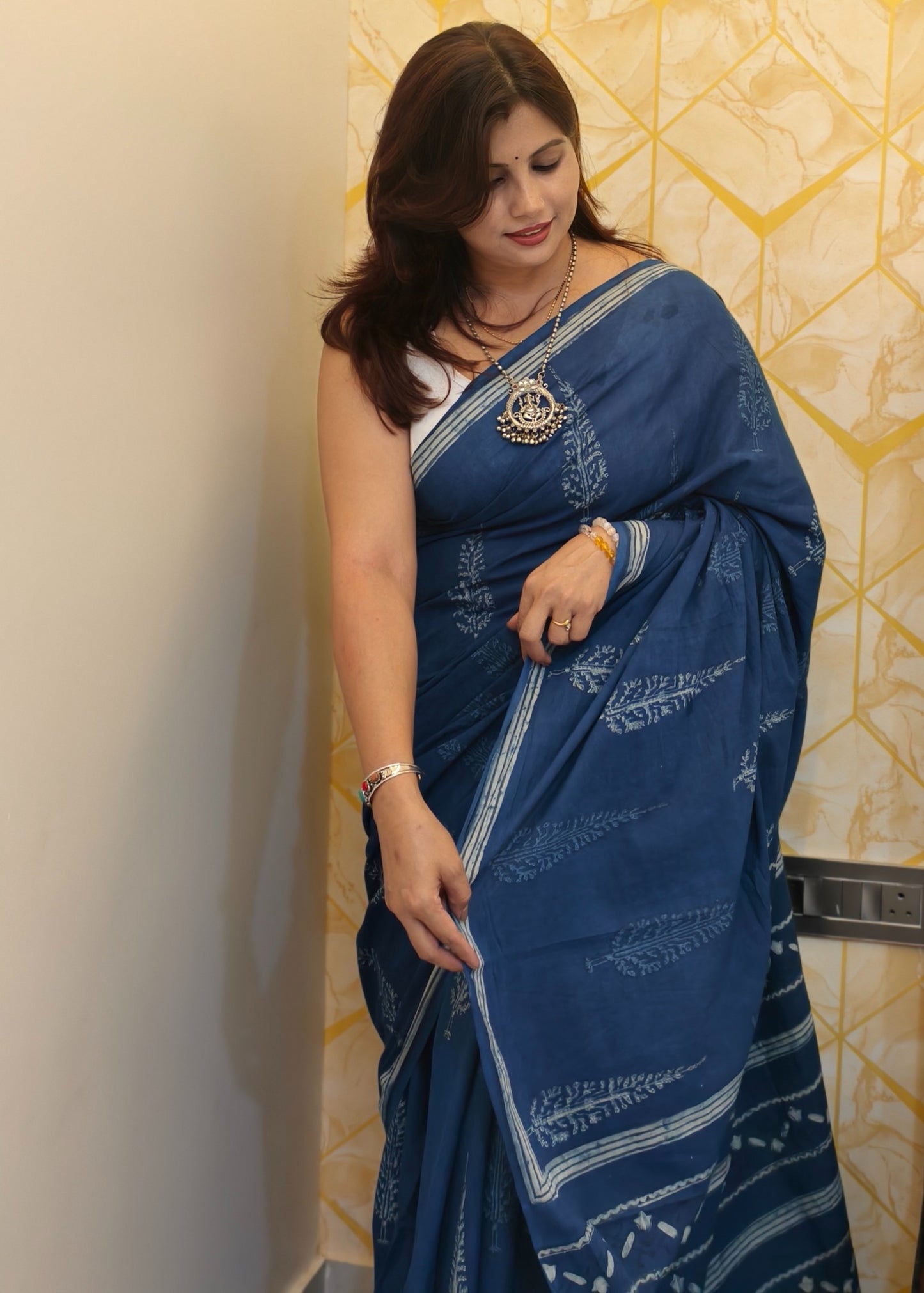 Nainika authentic natural indigo dyed dabu mud-resist block print cotton saree from Vasaka Jaipur