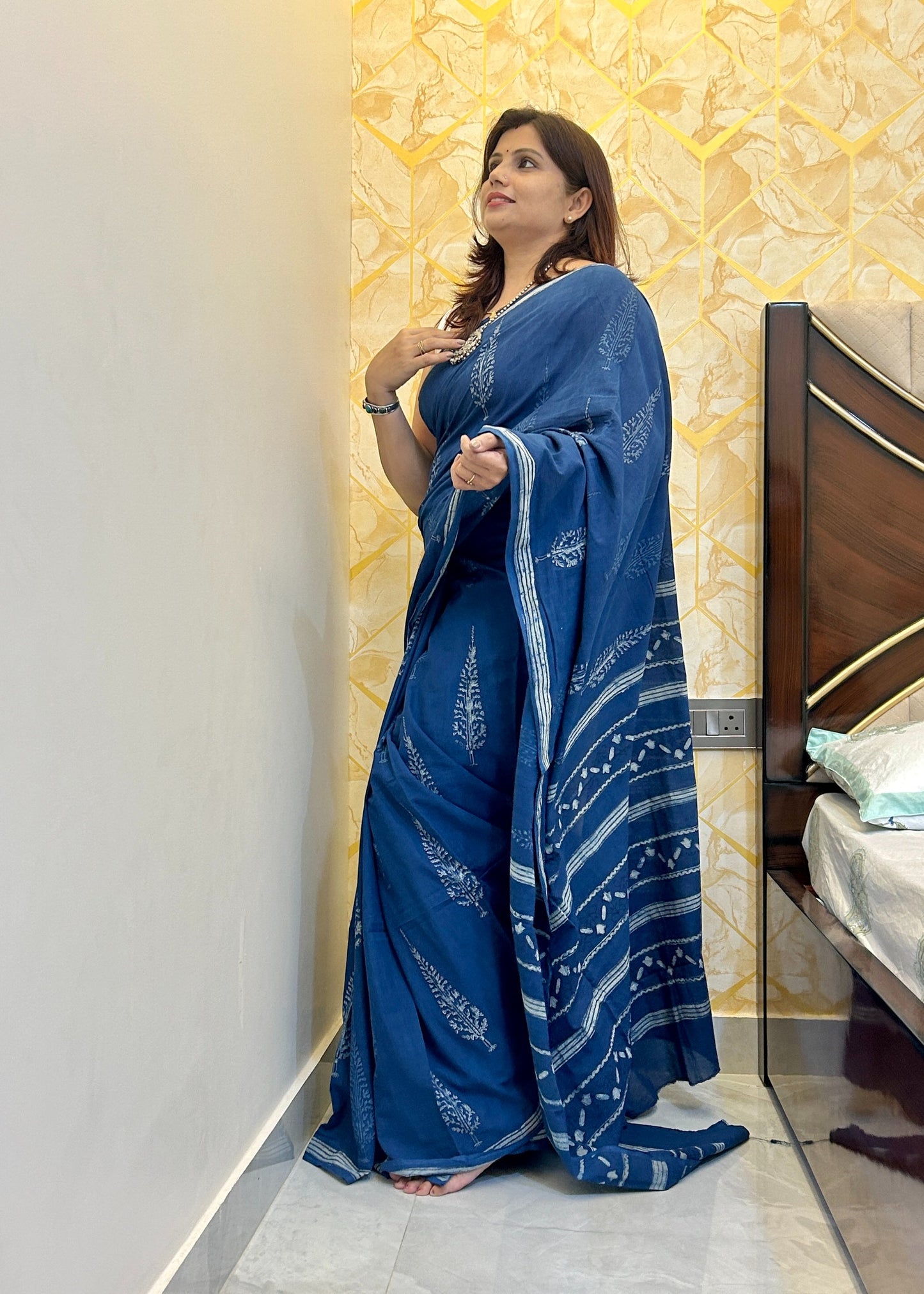 Nainika authentic natural indigo dyed dabu mud-resist block print cotton saree from Vasaka Jaipur