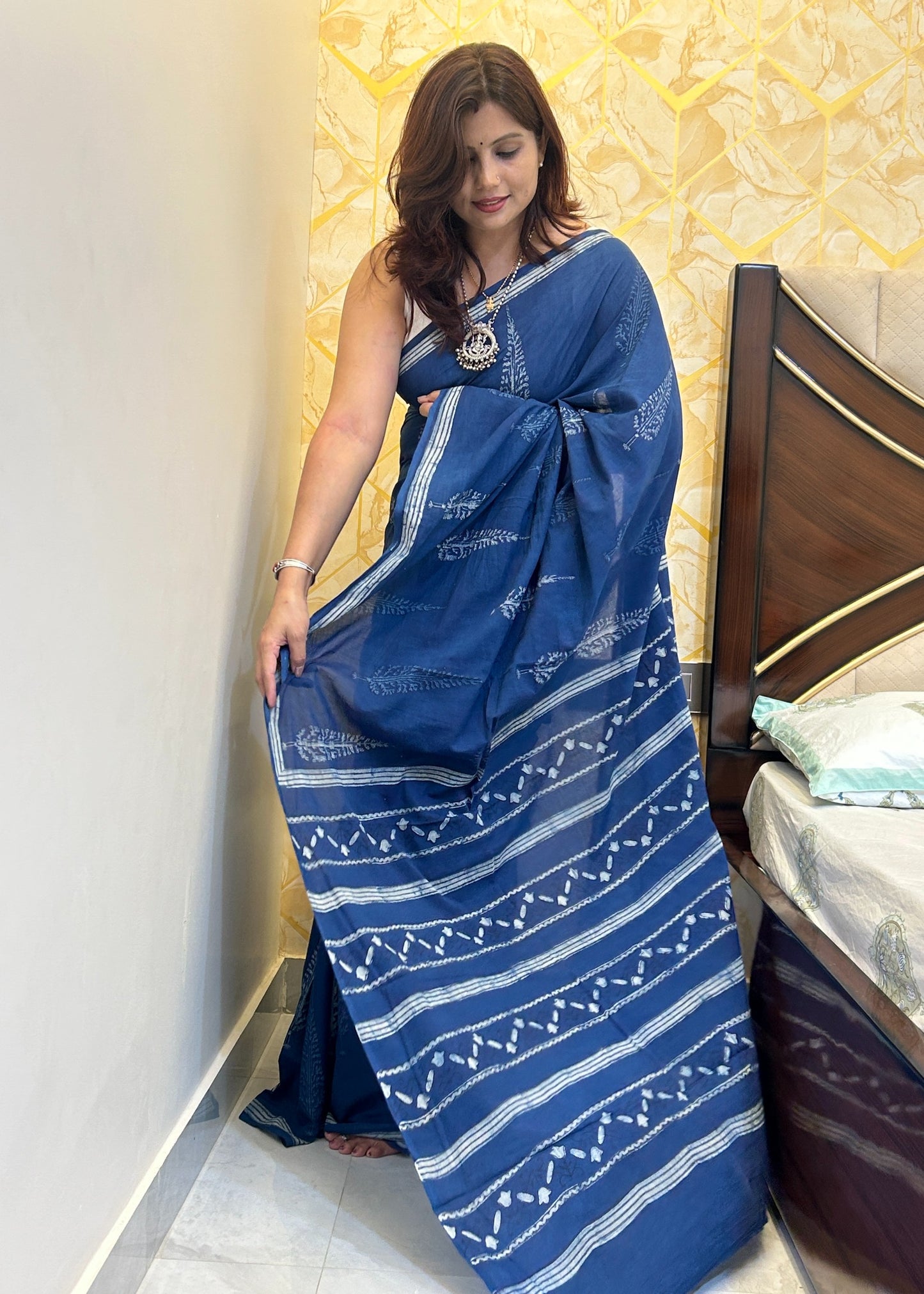 Nainika authentic natural indigo dyed dabu mud-resist block print cotton saree from Vasaka Jaipur