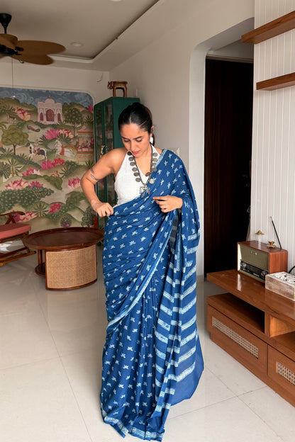 Indigo blue cotton saree for office wear with elegant block prints.
