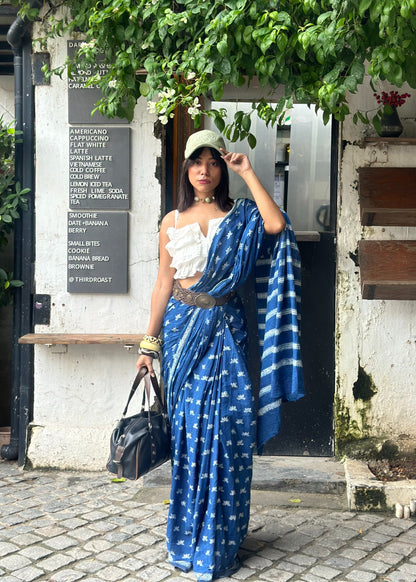 Nalini lightweight breathable pure indigo cotton saree perfect for everyday office wear by Vasaka Jaipur