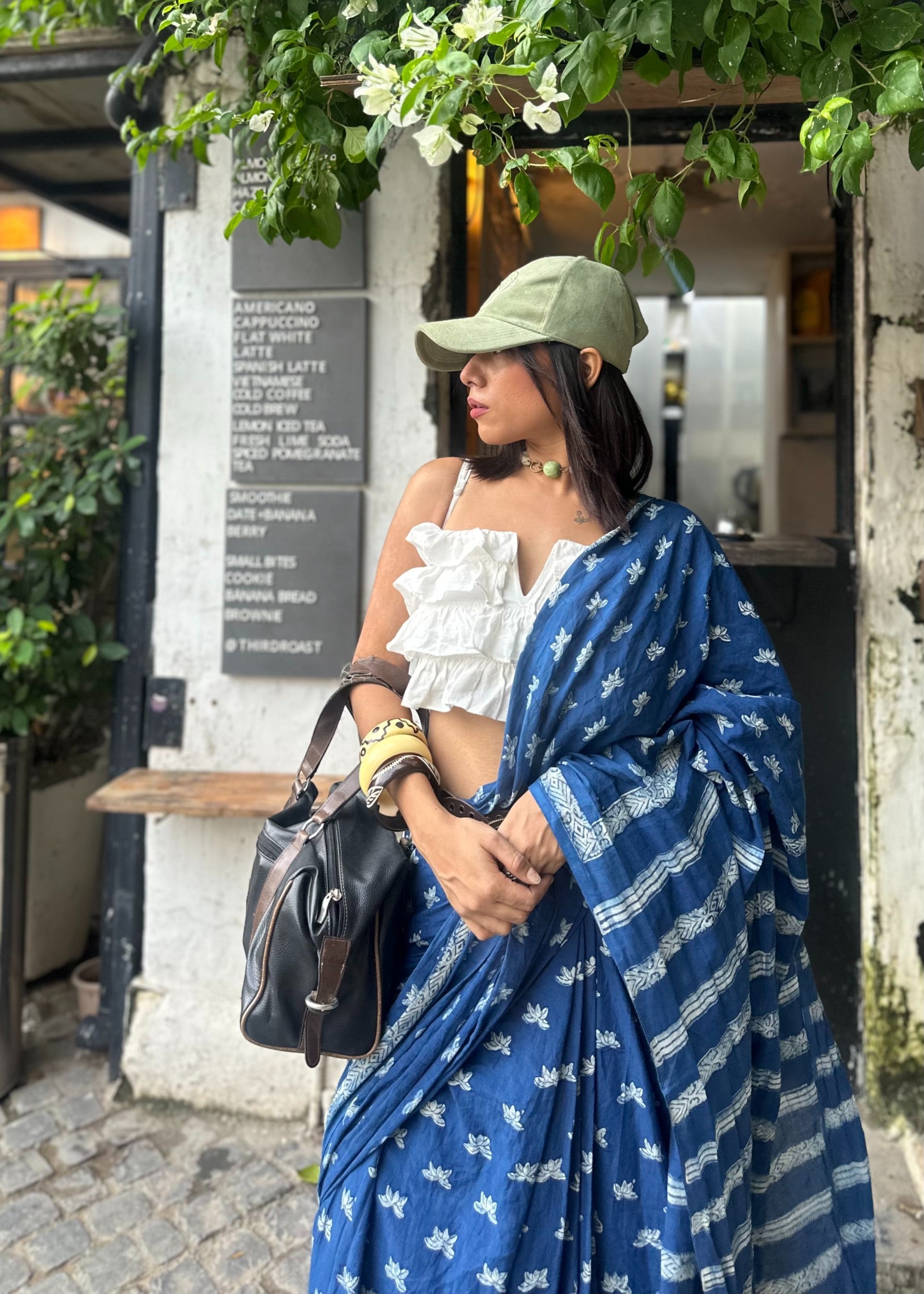 Nalini lightweight breathable pure indigo cotton saree perfect for everyday office wear by Vasaka Jaipur