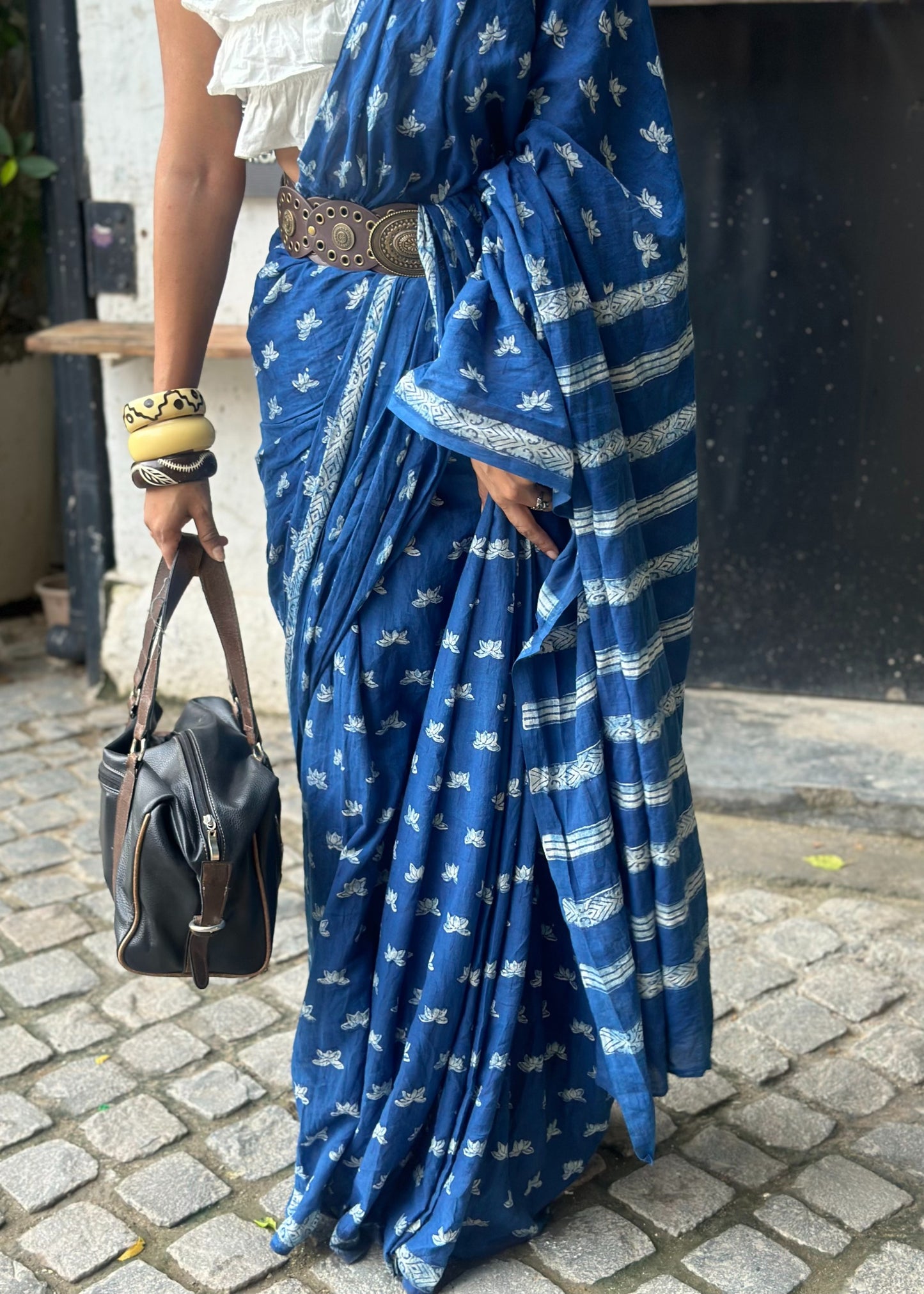 Nalini lightweight breathable pure indigo cotton saree perfect for everyday office wear by Vasaka Jaipur