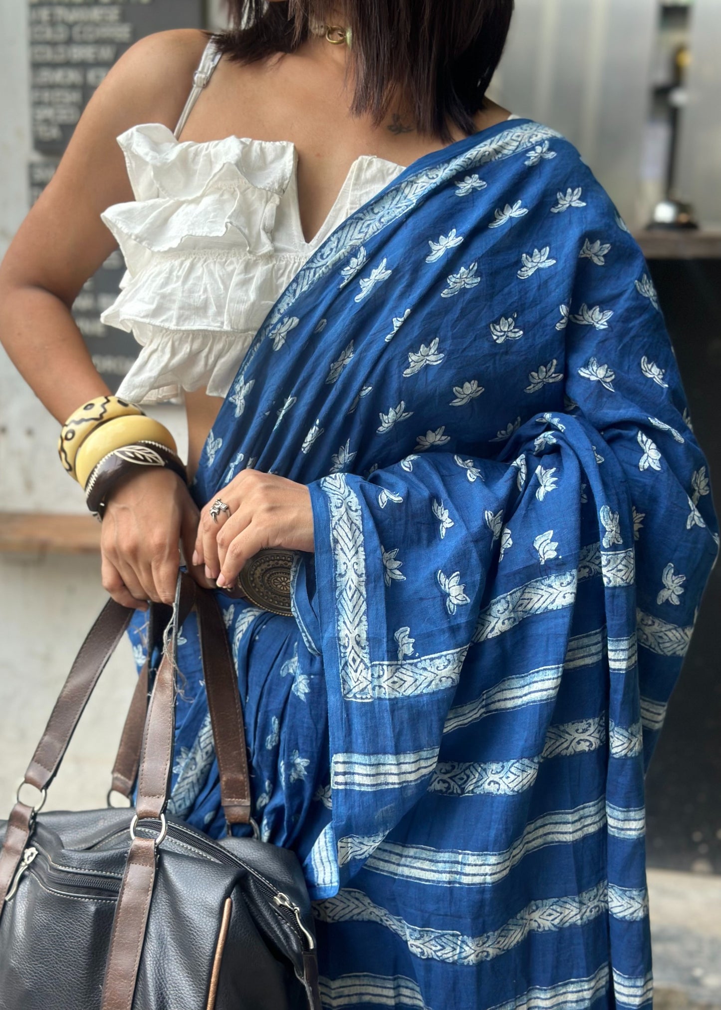 Nalini lightweight breathable pure indigo cotton saree perfect for everyday office wear by Vasaka Jaipur