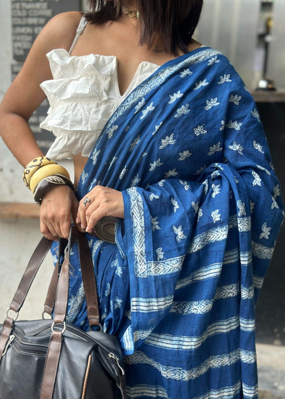 Nalini lightweight breathable pure indigo cotton saree perfect for everyday office wear by Vasaka Jaipur
