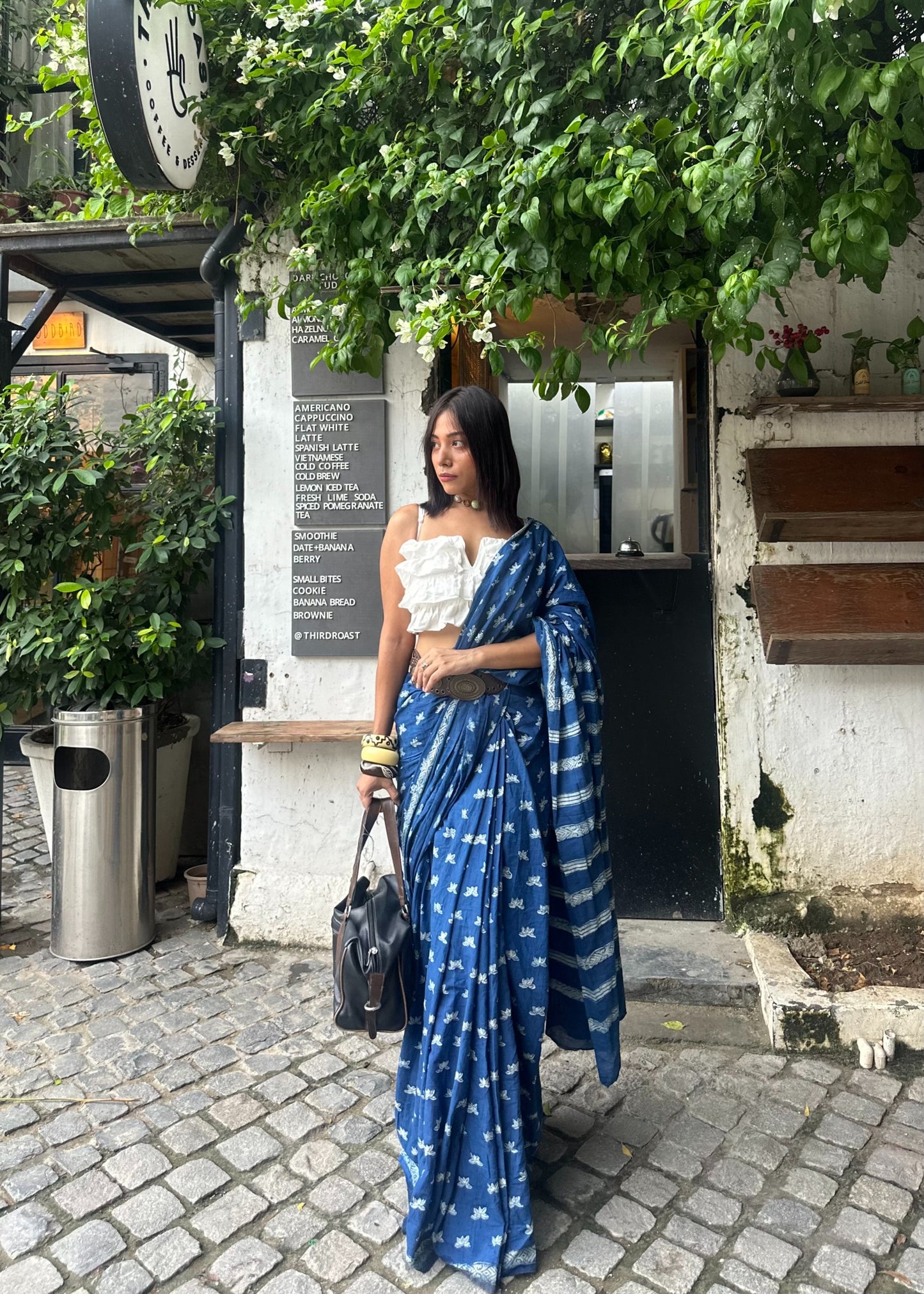 Nalini lightweight breathable pure indigo cotton saree perfect for everyday office wear by Vasaka Jaipur