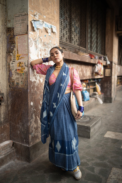 Namita premium quality natural indigo dyed handcrafted cotton saree with running blouse piece, Vasaka Jaipur