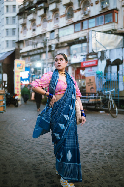 Namita premium quality natural indigo dyed handcrafted cotton saree with running blouse piece, Vasaka Jaipur