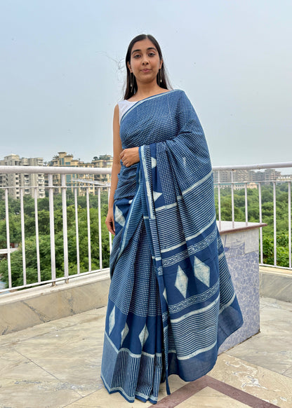Namita premium quality natural indigo dyed handcrafted cotton saree with running blouse piece, Vasaka Jaipur