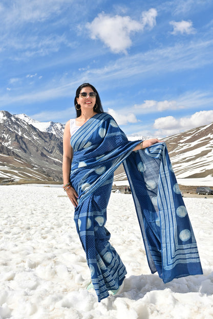 Namrita summer special lightweight indigo cotton saree featuring authentic Rajasthani dabu hand-block print by Vasaka Jaipur