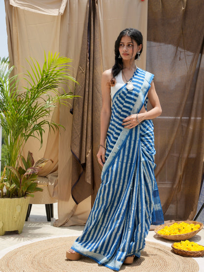 Nandini everyday wear lightweight indigo blue hand block printed cotton saree, Vasaka Jaipur