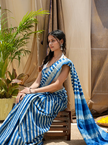 Nandini everyday wear lightweight indigo blue hand block printed cotton saree, Vasaka Jaipur