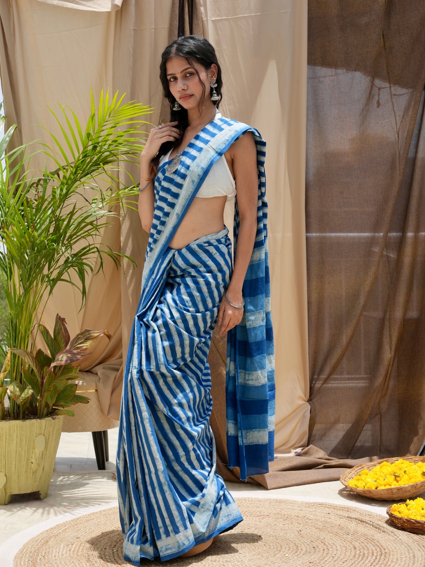 Nandini everyday wear lightweight indigo blue hand block printed cotton saree, Vasaka Jaipur